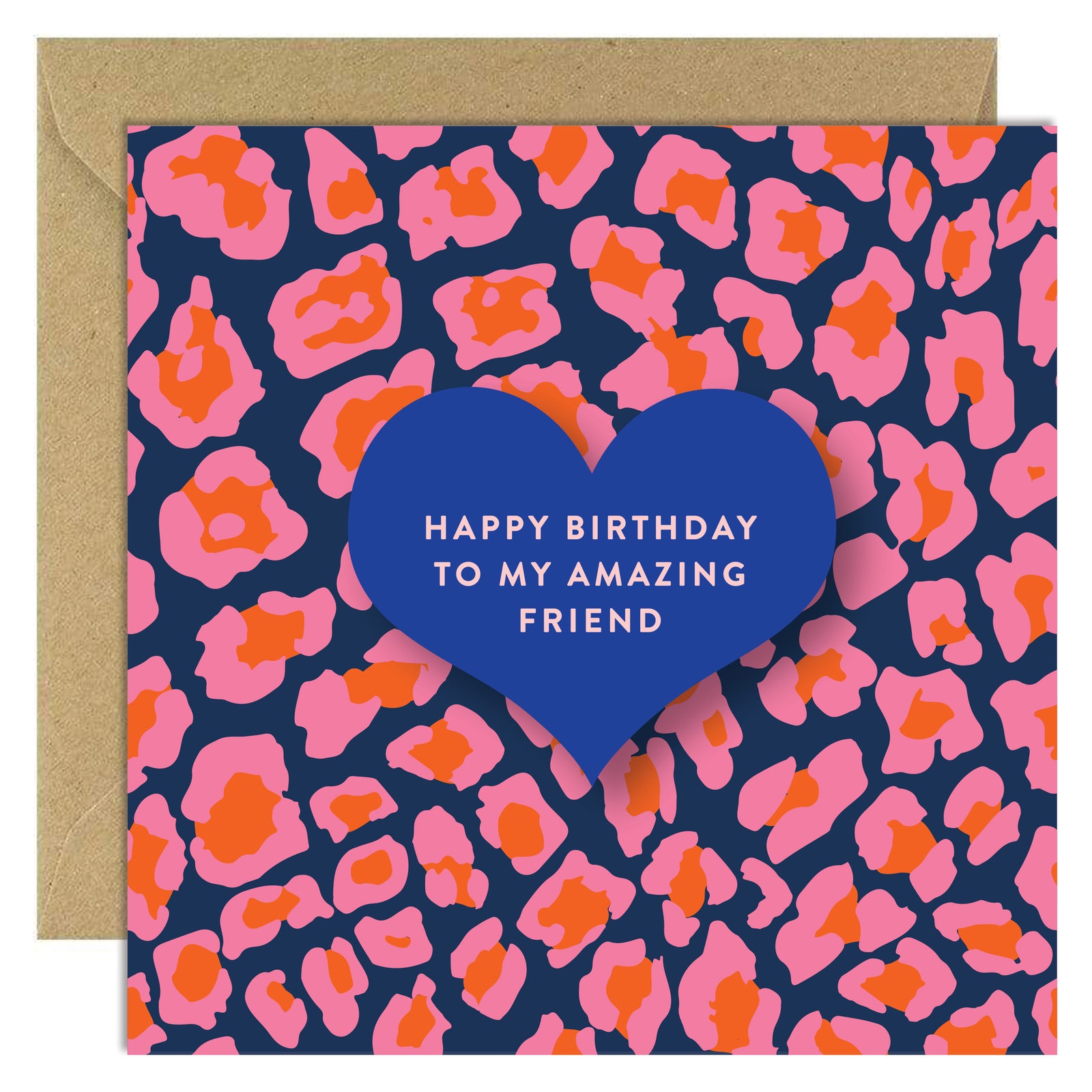Greeting card with pink and orange pattern and blue heart with birthday message