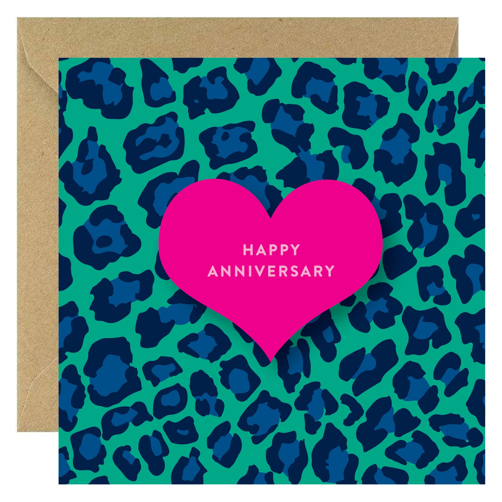 Card with pink heart and 'Happy Anniversary' text on a blue leopard print background