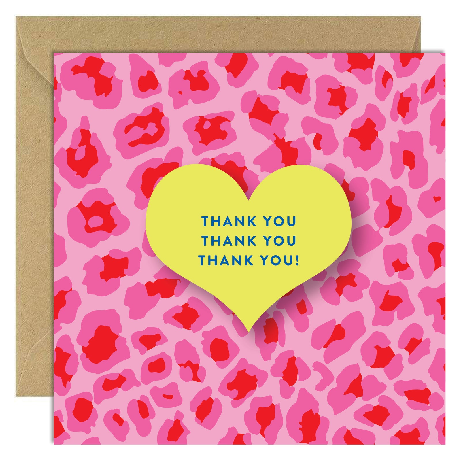 Card with pink leopard print background and yellow heart-shaped sticker with 'THANK YOU' text.