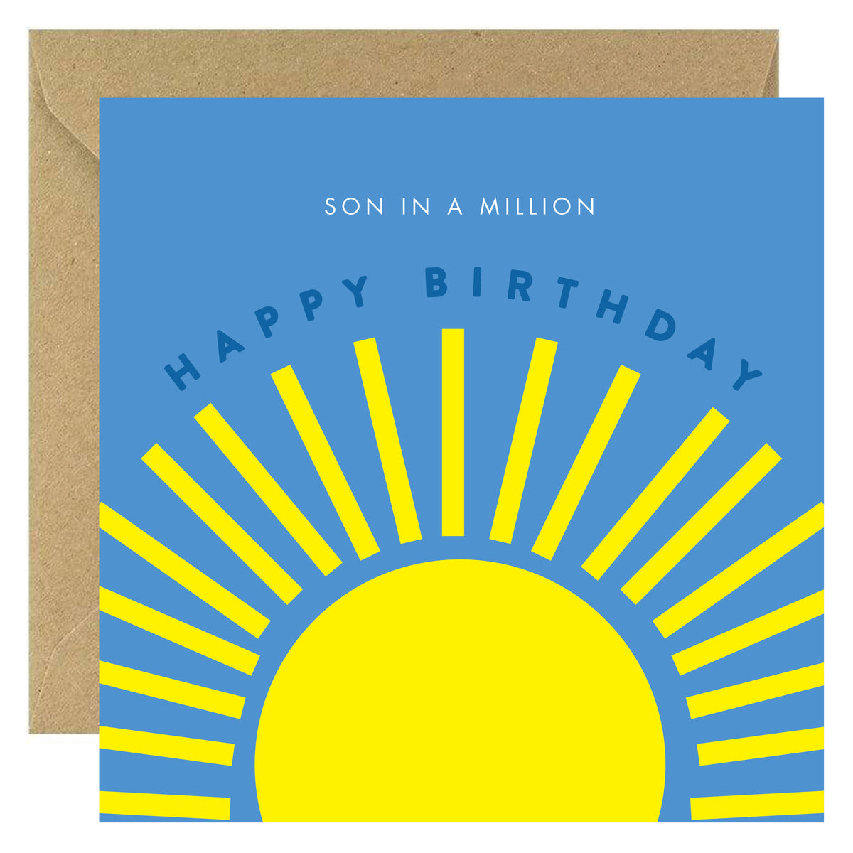 Birthday card with sun design and 'Son in a Million' text on blue background