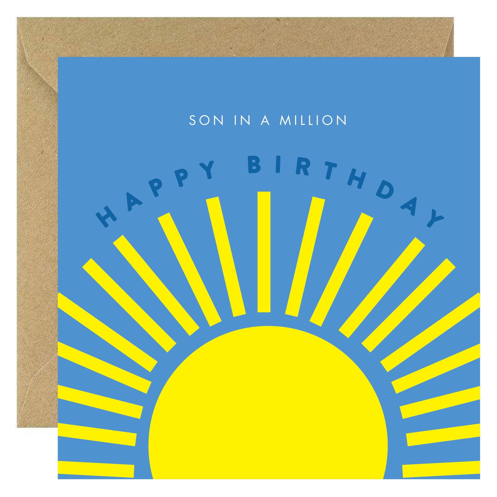 Birthday card with sun design and 'Son in a Million' text on blue background
