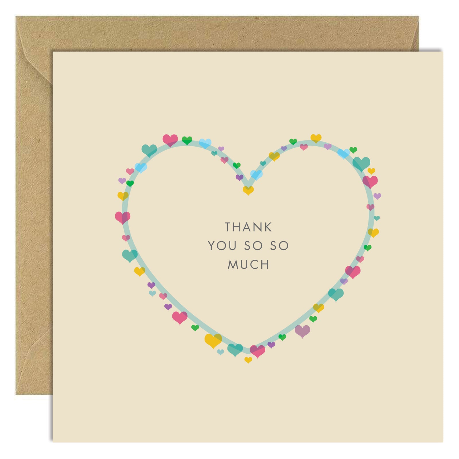 Card with heart design and 'Thank you so so much' text, featuring a brown envelope.