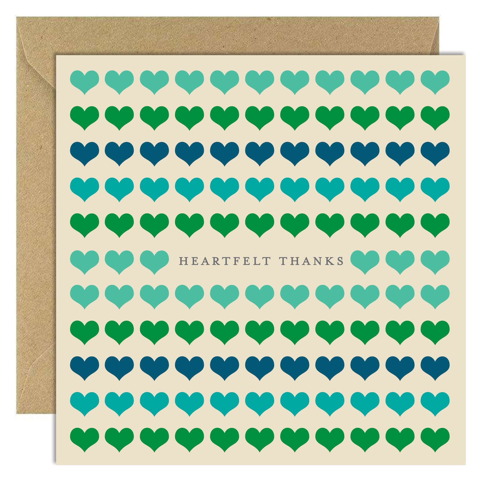 Card with heart pattern and 'Heartfelt Thanks' text, brown envelope