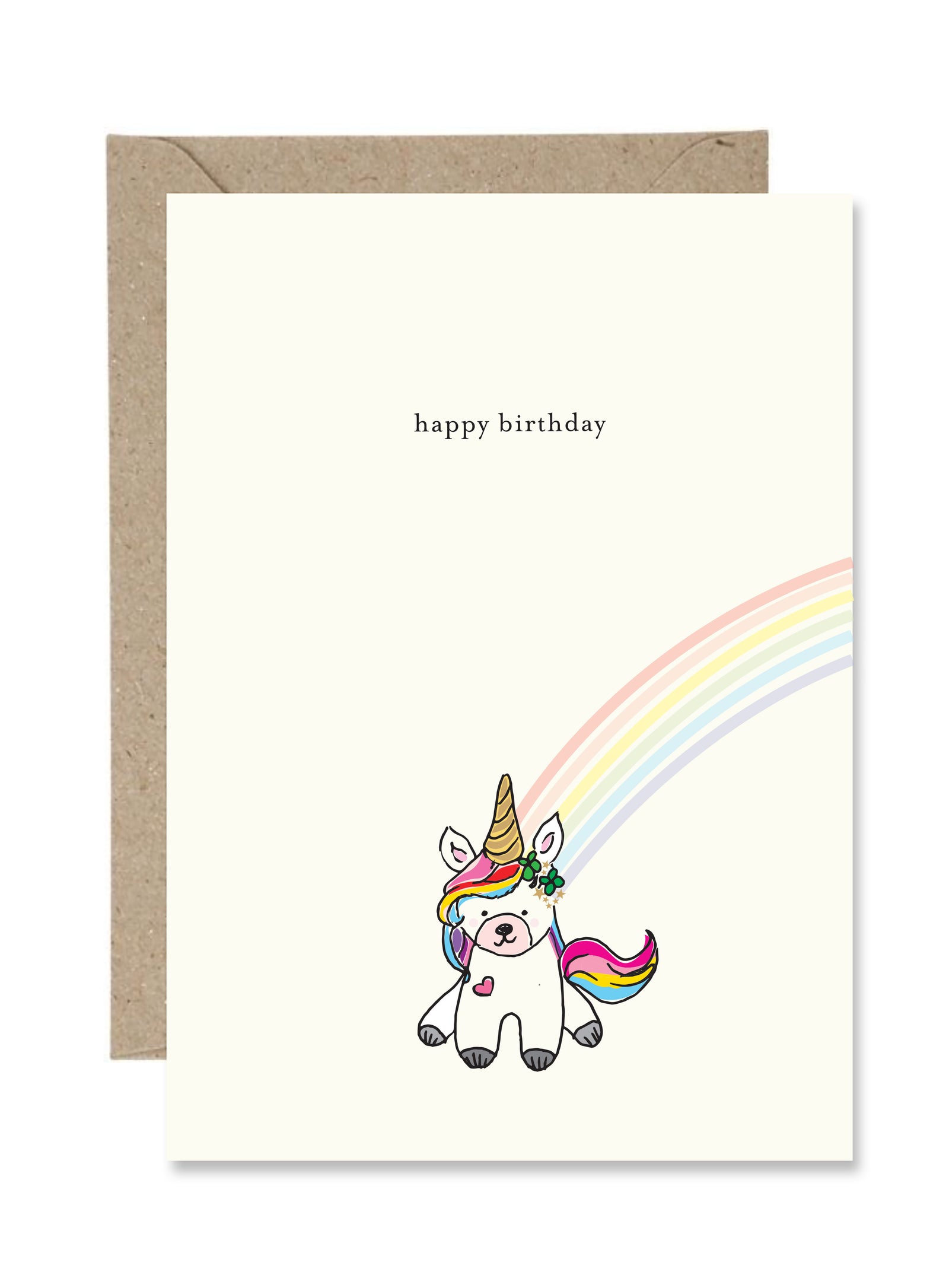 Greeting card with a unicorn and rainbow design on a white background