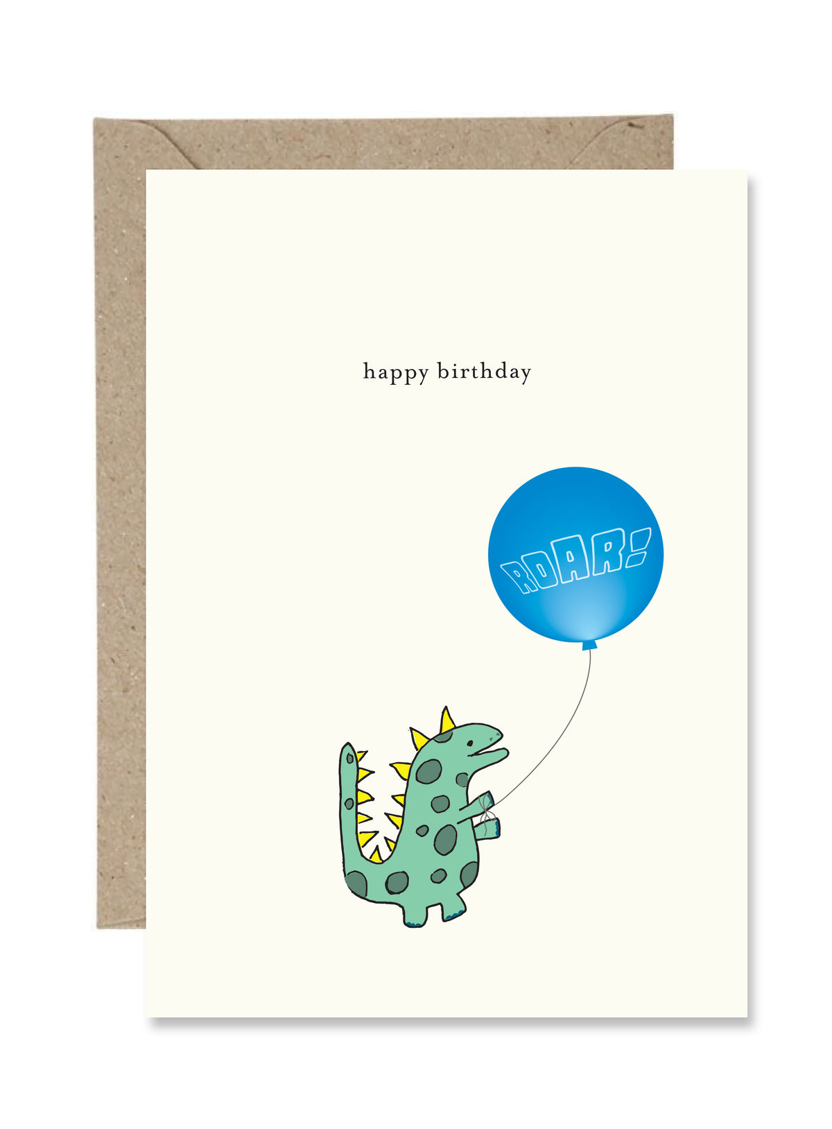 Birthday card with a dinosaur holding a blue balloon and 'happy birthday' text.