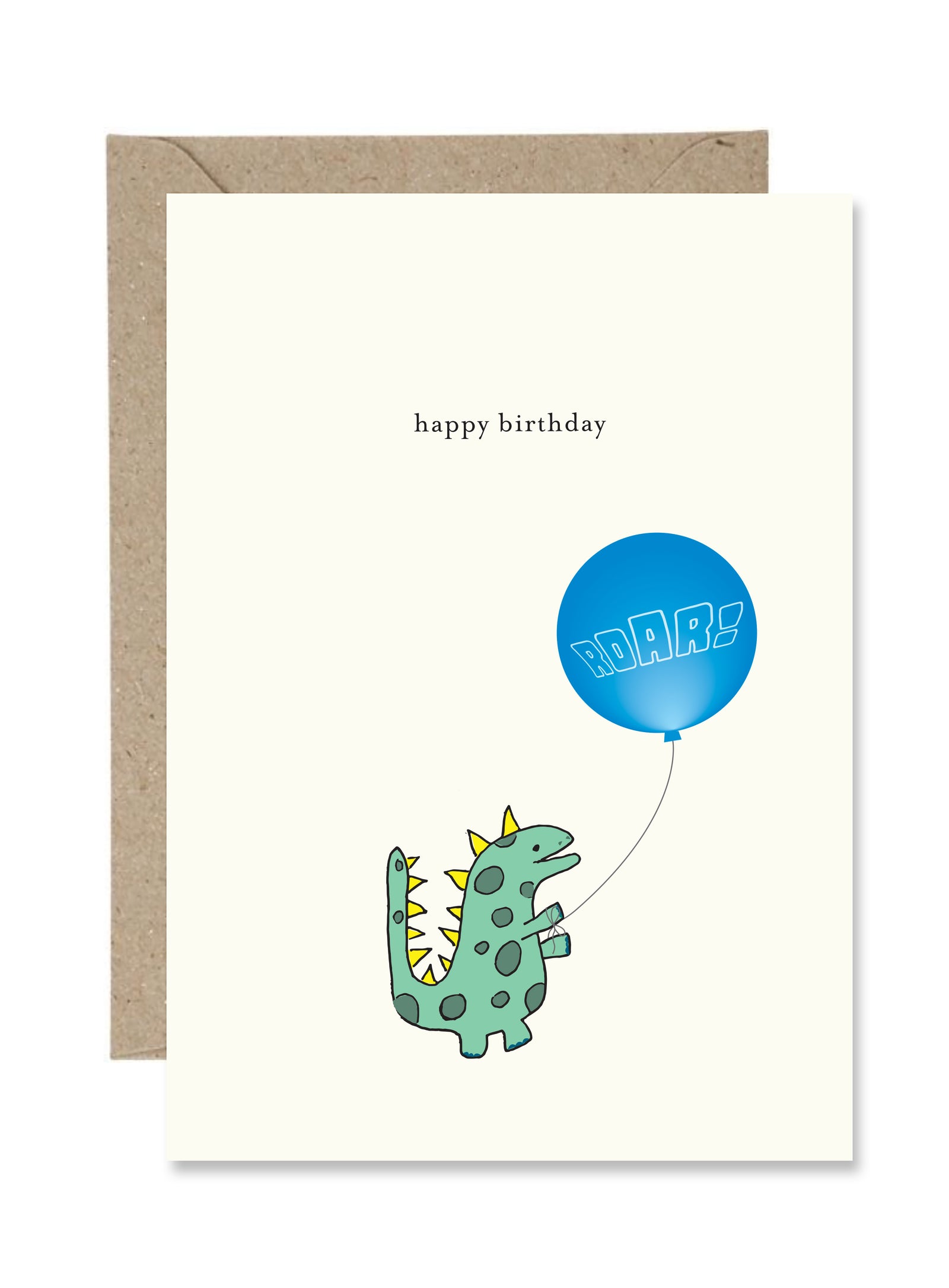 Birthday card with a dinosaur holding a blue balloon and 'happy birthday' text.