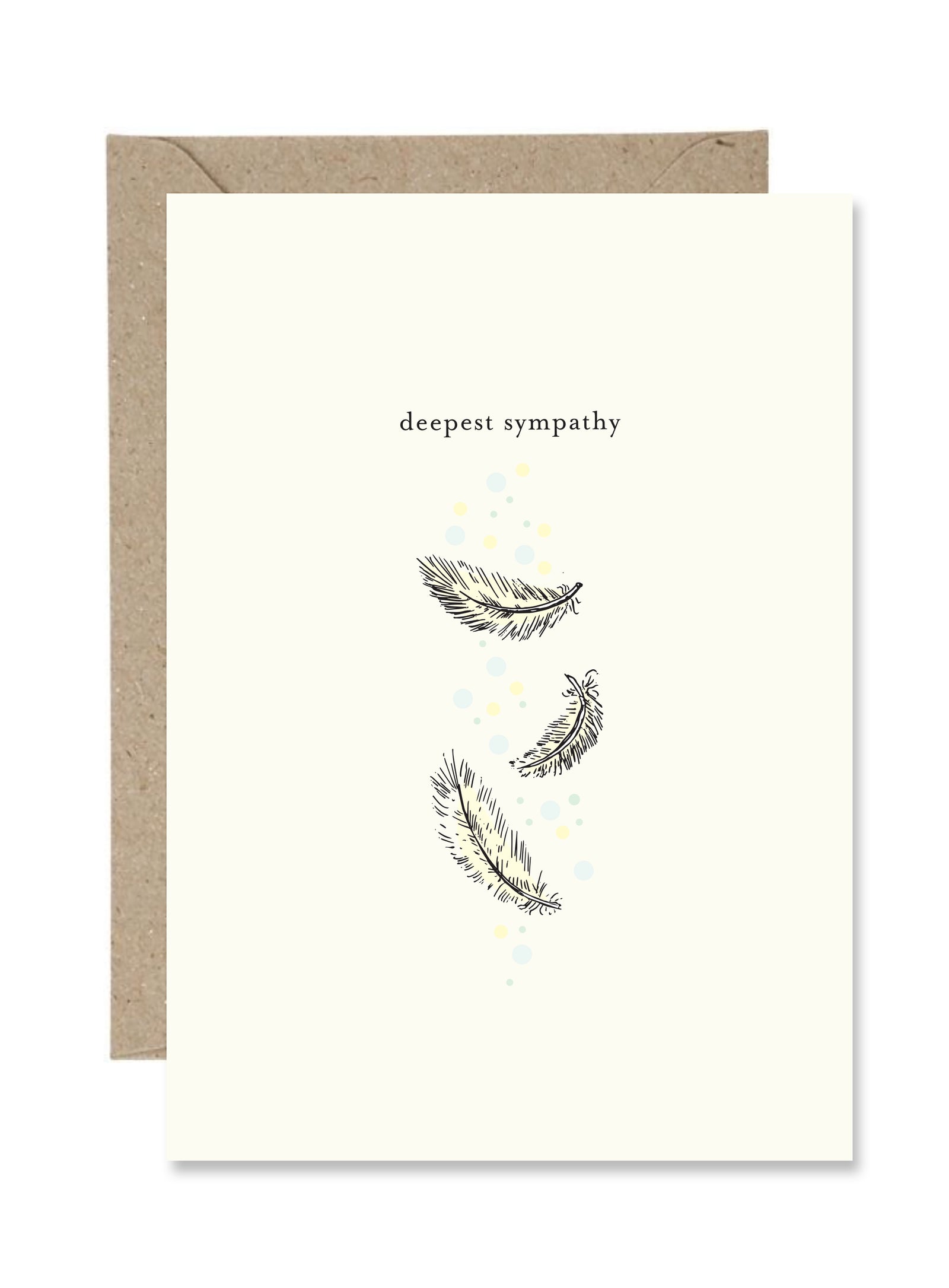 Greeting card with 'deepest sympathy' text and feather illustrations on a white background.