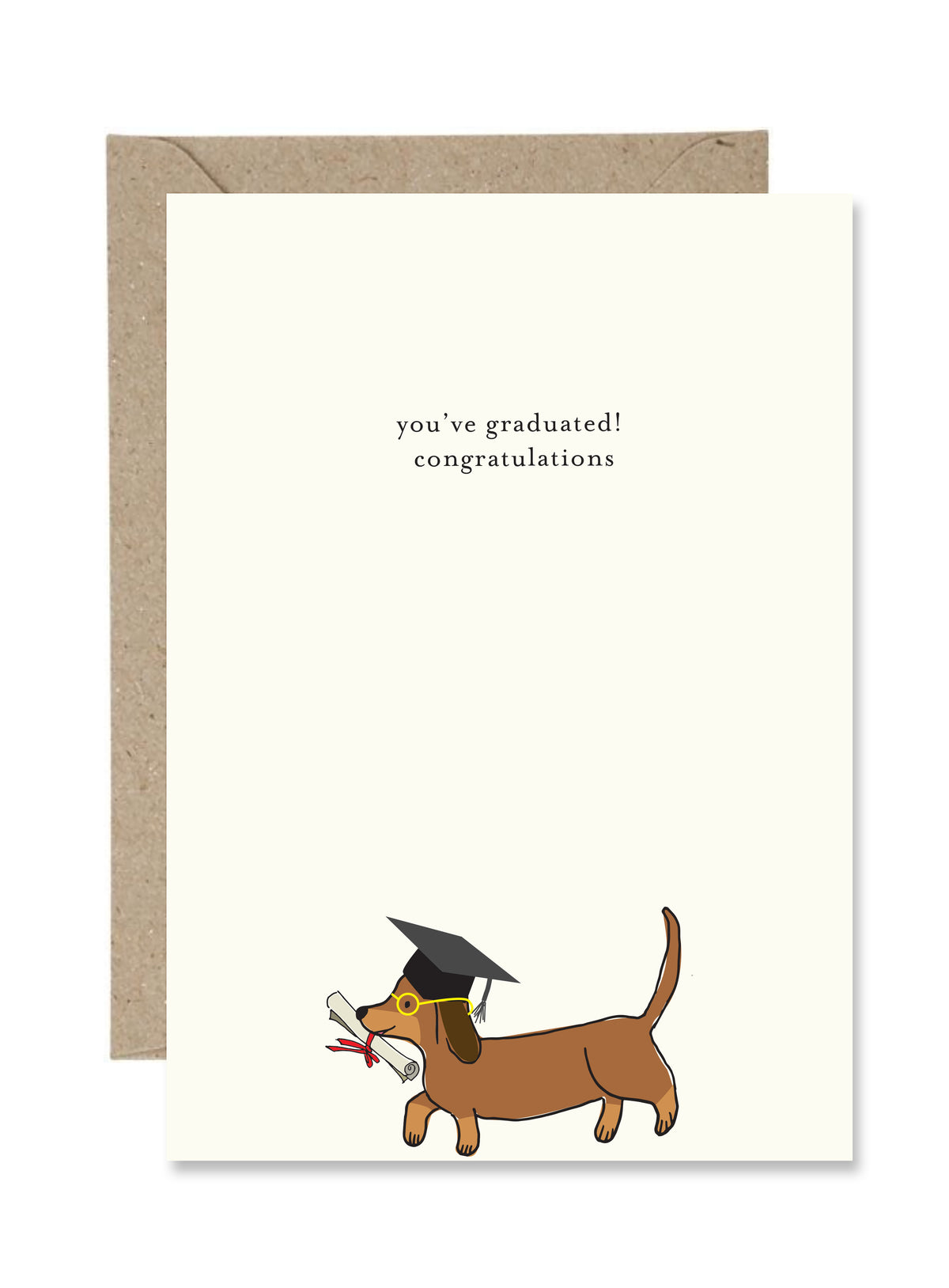 Graduation card with a dachshund wearing a cap and diploma, and a brown envelope.