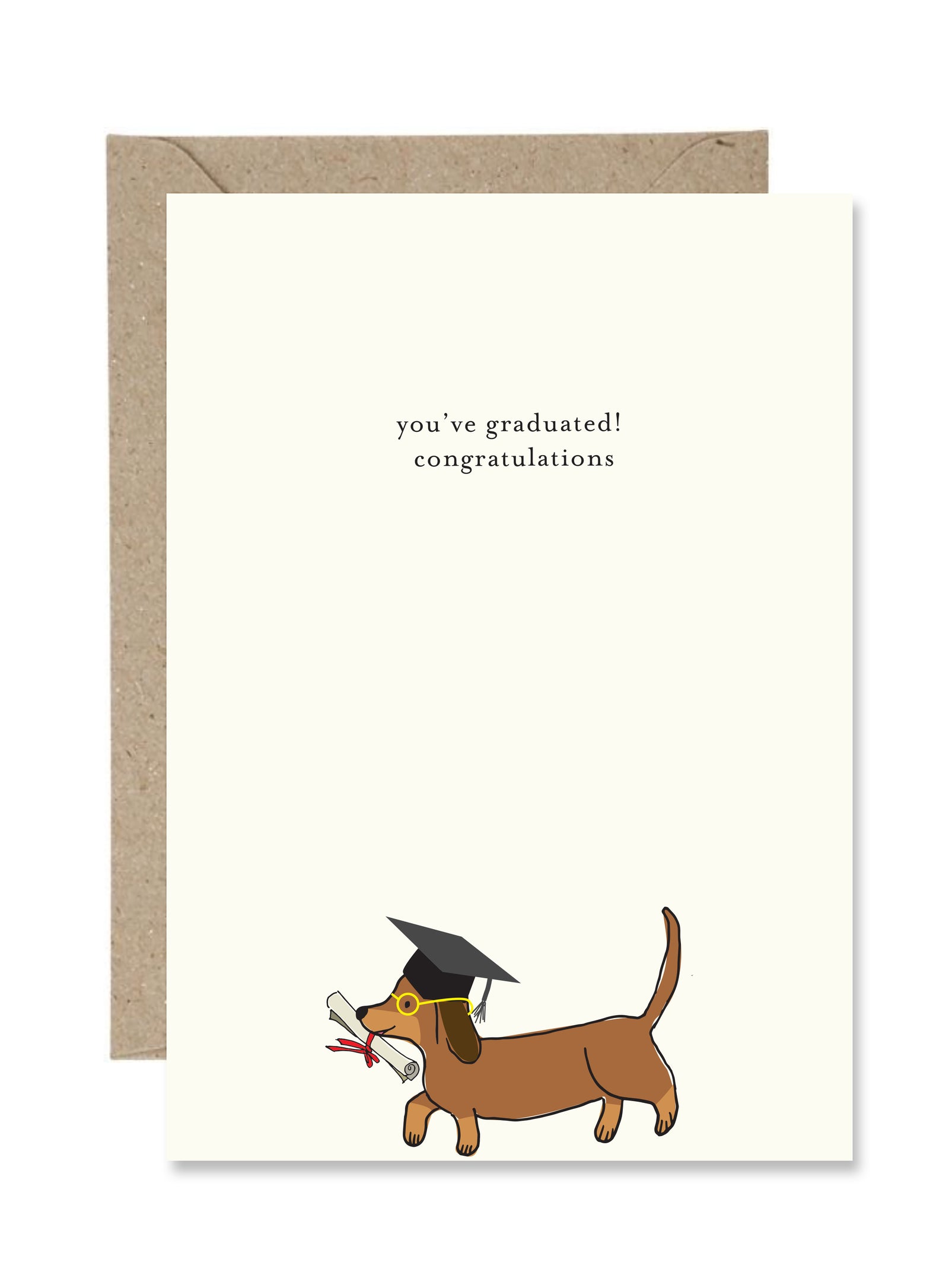 Graduation card with a dachshund wearing a cap and diploma, and a brown envelope.