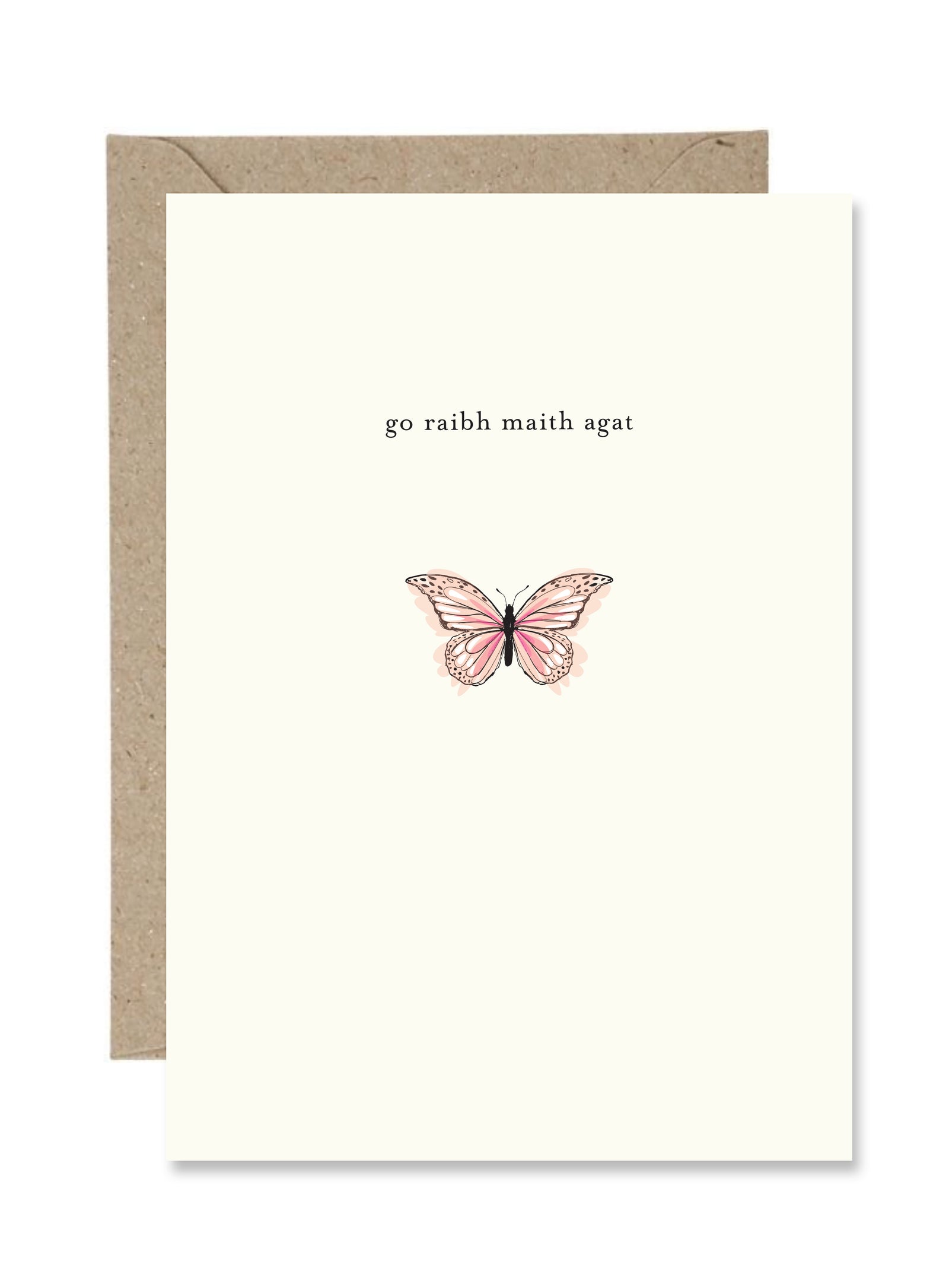 Irish thank you card with a butterfly illustration and text that reads go raibh maith agat on a white background