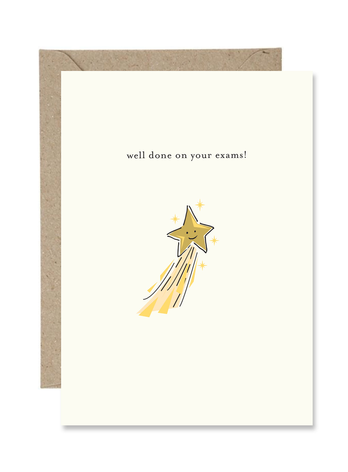 Greeting card with a star illustration and 'well done on your exams!' text, featuring a brown envelope.