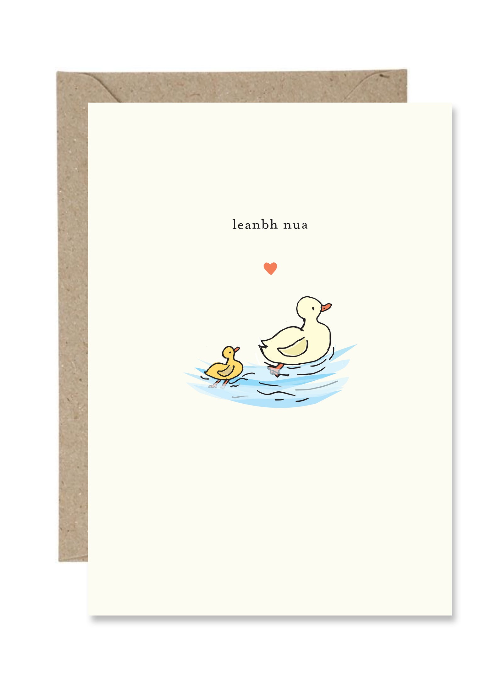 Greeting card with illustration of a duck and duckling in water and 'leanbh nua' text.